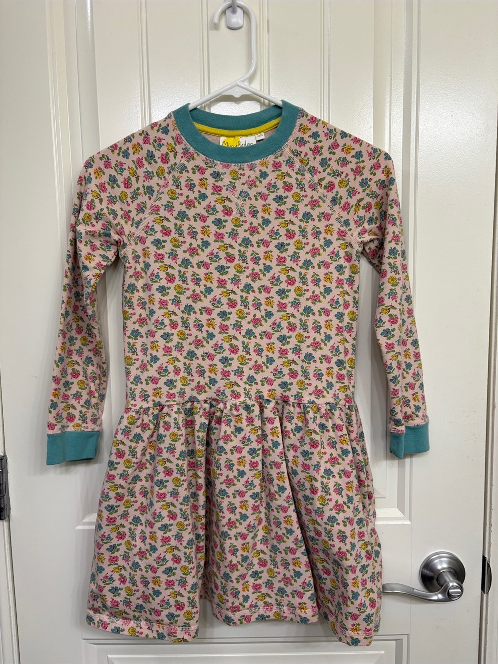 Mini Boden Pink Floral Long Sleeve Dress with Teal Trim